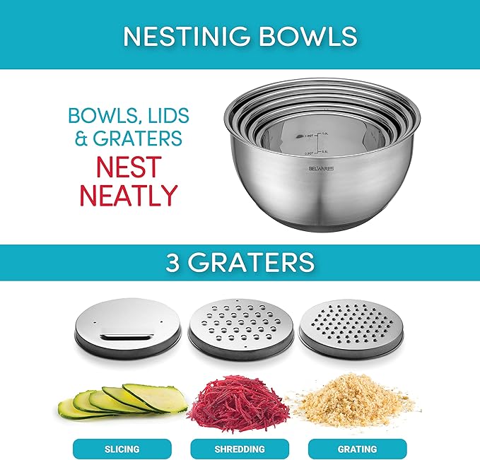 Belwares Mixing Bowls with Lids Set of 5 - Stainless Steel Mixing Bowl Set, Nesting Metal Bowls with Non Slip Bottoms + 3 Grater Attachments, Airtight Lids for Baking, Food Prep + Storage, Black