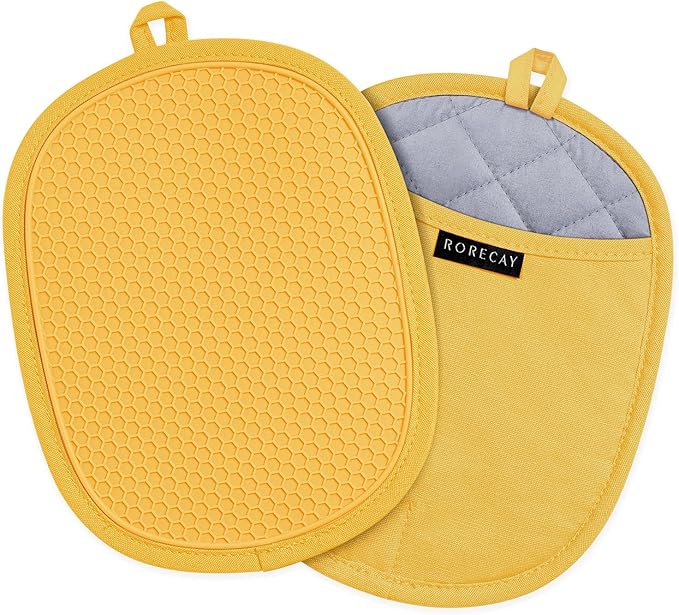 2-Pack Silicone Pot Holders for Kitchen Heat Resistant up to 500°F, Non-Slip Large Hot Pads with Pocket, Quilted Liner Trivets for Countertops Hot Pots and Pans (Yellow)