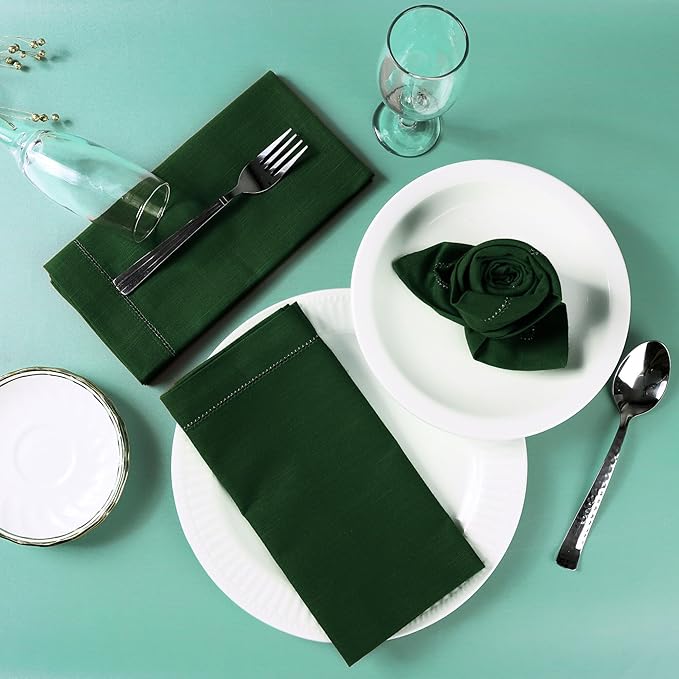 FINGERCRAFT Cloth Napkins, Hemstitch Napkins Cloth, 20x20 Inch Generous Golden Zari Picot Hem, Mitered Corner, Premium Quality Perfect for Parties Dinners Weddings Set of 12 Christmas Color Eden Green