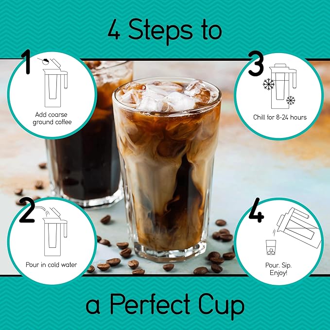 Coffee Gator Cold Brew Coffee Maker - 47 oz Iced Tea and Iced Coffee Maker and Pitcher with Borosilicate Glass Carafe, Filter - Black