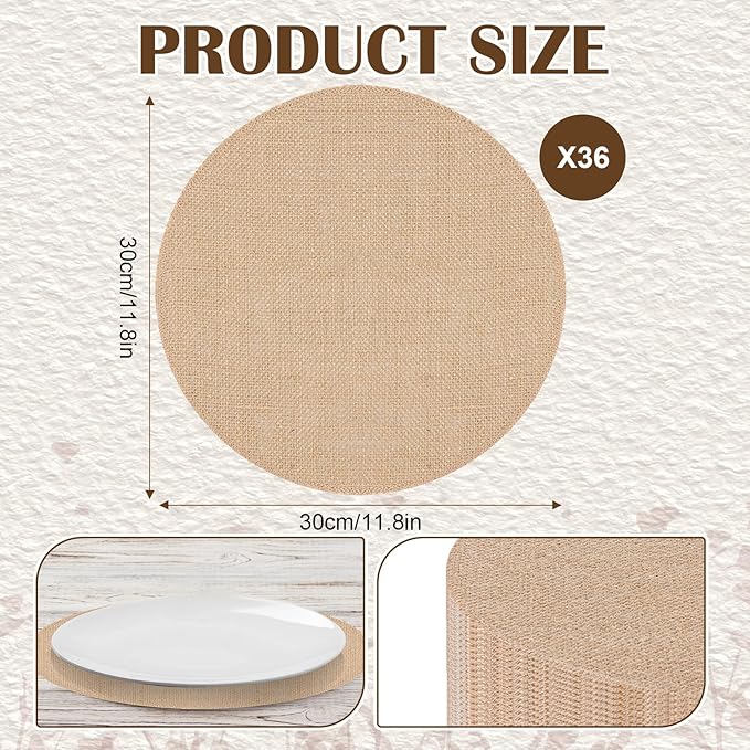 Burlap Placemats Set of 36 Round Non Slip Heat Resistant Table Mats Woven Jute Cloth Place Mats 12 Inch Boho Washable Linen Placemat for Thanksgiving Fall Kitchen Dining Farmhouse Party Table Decor