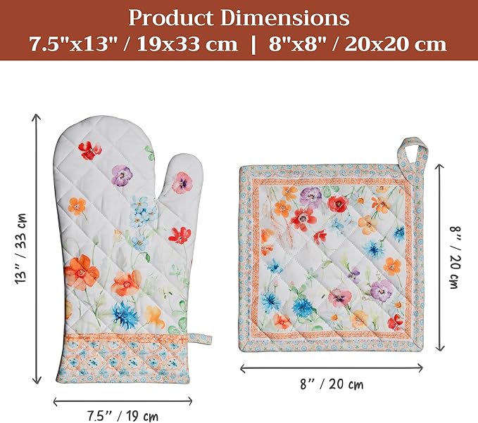 Maison d' Hermine 100% Cotton Oven Mitt & Pot Holder Set (7.5"x13" & 8"x8") Heat Resistant BBQ Cooking Gloves with Loop Baking Grilling Kitchen Gifts for Mothers Day Spring/Summer(Summer Whisper)
