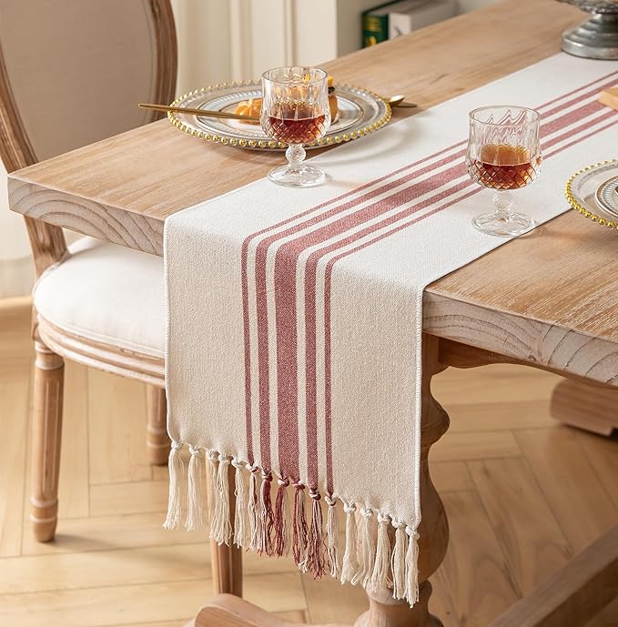 Caflife Boho Table Runner for Modern Farmhouse Fall Decor, 13 x 108 Inch Long, Coffee Table Runner with Handcrafted Tassels, Rust and Beige Stripe