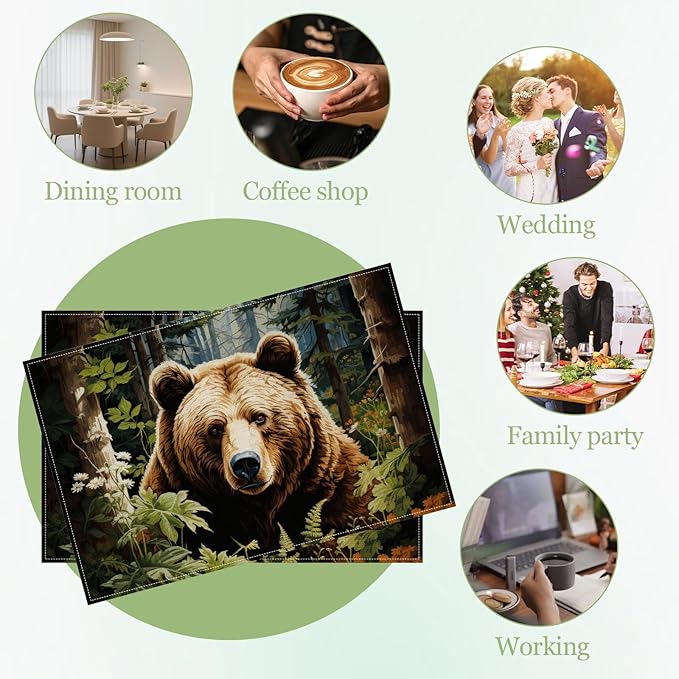 Forest Brown Bear Placemats Set of 6, Washable Heat Resistant Table Mat Animal Linen Place Mats for Party Kitchen Dining Home Decor 12x18 Inch