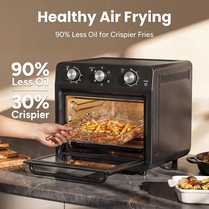 SMIRLY 6-in-1 Air Fryer Toaster Oven Combo, 27QT Convection Oven Countertop, 60 Min Timer, 1800W Oven for Toast, Roast, Bake, Reheat, Broil, Warm, Fits up to a 5 lb Turkey, 12" Pizza, 8 Toast, Black