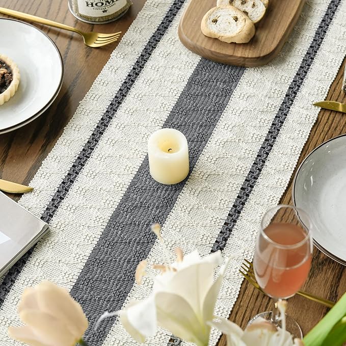 Artoid Mode Dark Grey Farmhouse Woven Rustic Table Runner, Seasonal Holiday Hollow Kitchen Dining Table Decoration for Home Party Decor 12x72 Inch