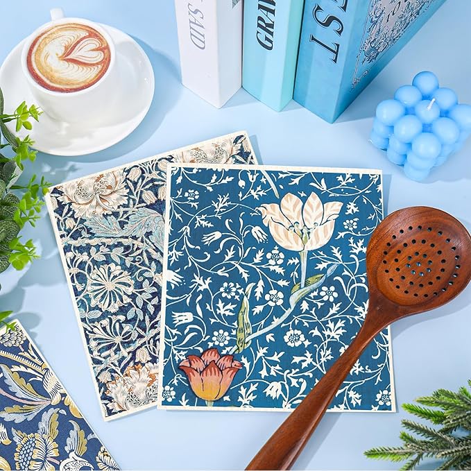 8Pcs Blue Floral Swedish Dishcloths Cotton Kitchen Towel Vintage Flower Absorbent Dish Towel for Home Kitchen Housewarming Cleaning, 7 x 8 Inch