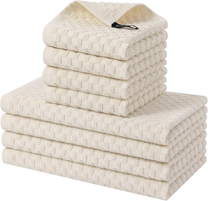 Homaxy 100% Cotton Kitchen Towels and Dishcloths Set, 12 x 12 & 15 x 25 Inches, Set of 8 Bulk Terry Cloth Dish Towels, Super Soft and Absorbent Hand Towel with Hanging Loop, Beige