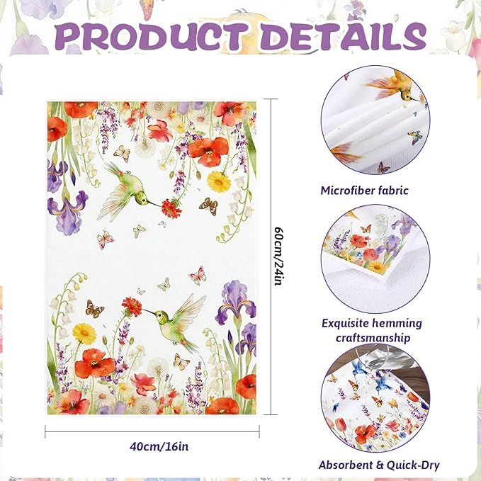 4Pcs Hummingbird Flower Kitchen Towels-16×24in Spring Dish Towels, Super Absorbent Wildflower Hand Towels for Holidays Decor Easter Mother‘s Day Gifts