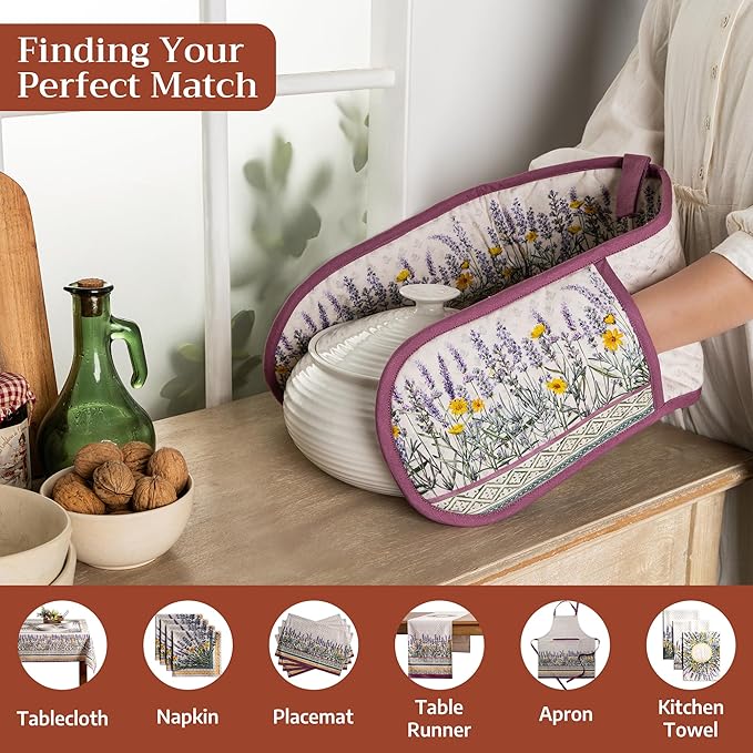 Maison d' Hermine Double Oven Mitts 100% Cotton 7"x35" Double Oven Mitt Heat Resistant BBQ Cooking Gloves with Loop Baking Grilling Gifts for Mothers Day Spring Summer (Fanny Lavender)