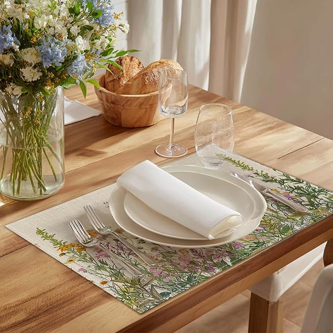 HOMETITUTE Floral Linen Placemats Set of 4 12x18 inch Spring Table Mats for Dining Table Farmhouse Decorations Kitchen Decor Desk Mat for Outdoor Home Party Kitchen Seasonal Dining Decor
