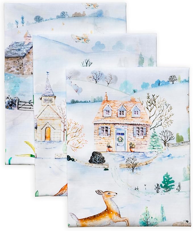 Maison d'Hermine Kitchen Towels Set of 3 100% Cotton 27.50" x 20" Reusable Cloth Tea Dish Towels Absorbent with Hanging Loop for Kitchen, Home, Dining, Cocktail Parties (Snowy World)