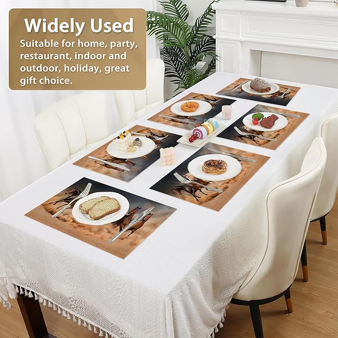 Horse Herd Run in Desert Placemats Set of 6,12x18 Inch Table Mats forKitchen Table Washable Farmhouse Linen Table Mats Dining Decoration