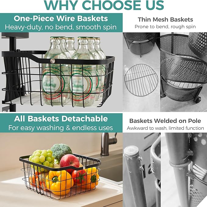 4 Tier Kitchen Fruit Vegetable Storage Cart with One-Piece Rotating Basket, Pantry Organizer Shelf Rack Floor Stand for Veggie Onion Potato Produce Spice, Rolling Snack Cart on Wheels, Black