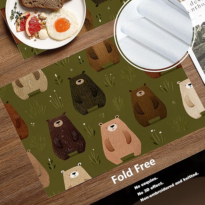 Batmerry Cute The Bear in Olive Brown Placemats, Bears Pattern Green Background Washable Linen Table Mats for Kitchen Table Double Insulation Decor Dining Set Indoor Outdoor 12X18 in Set of 4