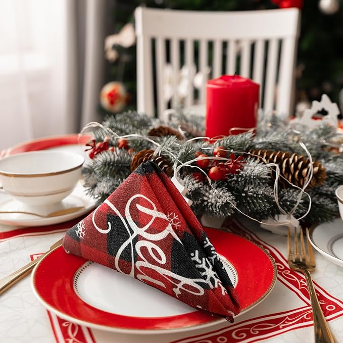 Funnymoom 24 Pcs Christmas Plaid Cloth Napkins Buffalo Gingham 15 x 15 Inches Snowflakes Black and Red Checked Cotton Dinner Napkins Soft Absorbent Washable for Holiday Winter Xmas Party