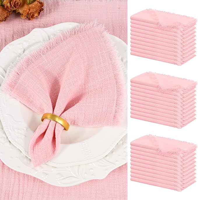 Showgeous 30 Pack Pink Cloth Napkins with Fringe 16x16 inch 100% Cotton Pink Napkins Handmade Dinner Napkins Bulk Washable Soft Rustic Table Napkins for Wedding Parties Bridal Baby Shower
