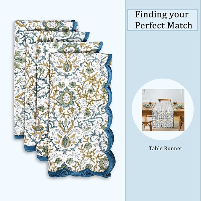 Ridhi Hand Block Print Indigo Floral 18" x 18" (Set of 4) Embroidery Table Napkins Reusable Cotton Dinner Napkins for Weddings, Parties, Everyday Dining Gift for Spring, Easter, Valentine