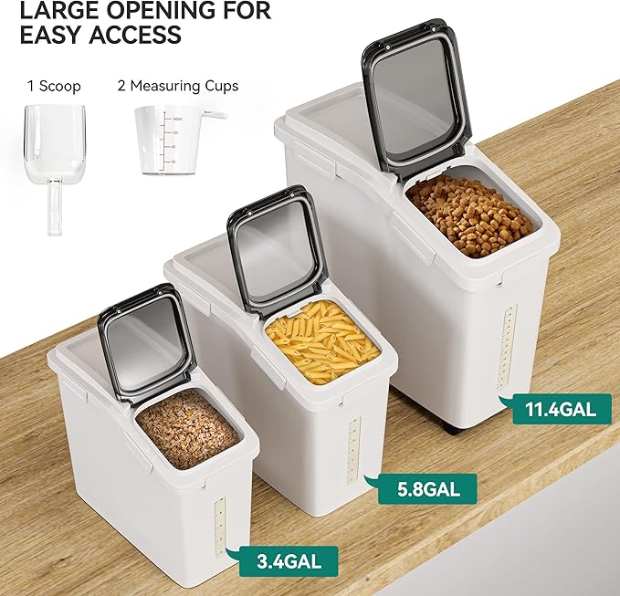 YITAHOME Ingredient Storage Bin, 20.6 Gallons(11.4+5.8+3.4 Gal) Capacity Shelf Bin,500 Cups Flour Bins with Wheels Commercial Shelf-storage Ingredient Bin with Scoop and Lid,Rice Bin for Kitchen,White