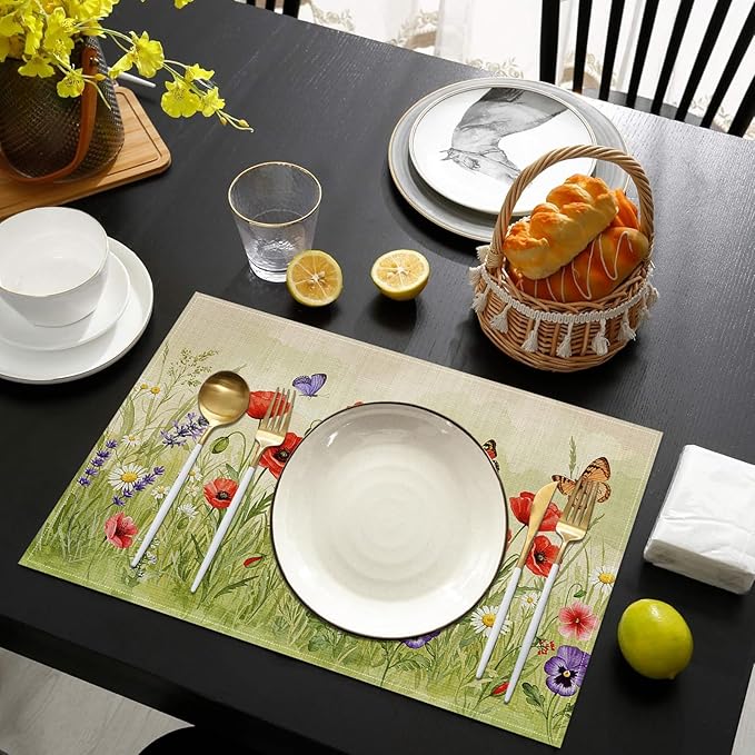 Poppy Flower Butterfly Placemats Set of 6, Washable Heat Resistant Table Mat Linen Place Mats for Party Kitchen Dining Home Decor 12x18 Inch