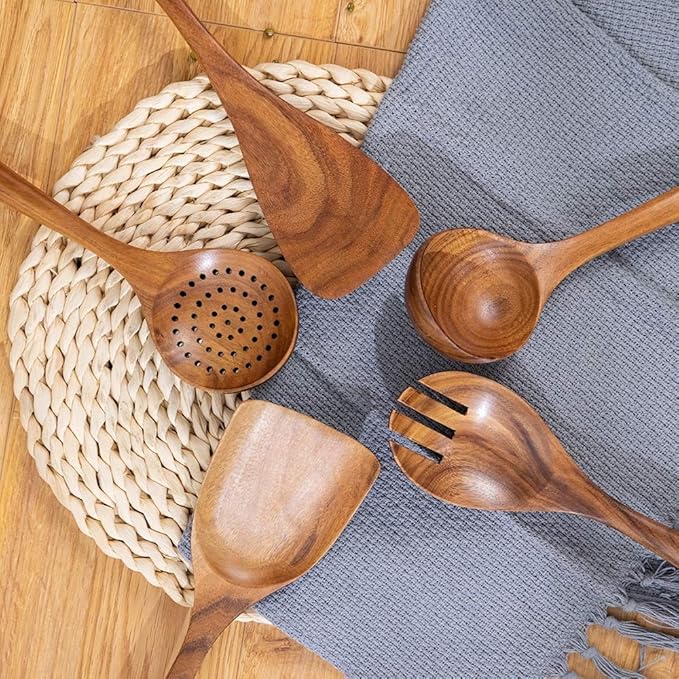 Wood Utensils Set for Cooking, Teak Wooden Utensils Set Wood Spatula for Nonstick Cookware Kitchen Utensils Set 5