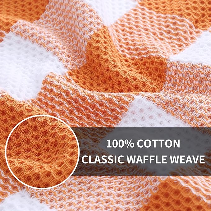 Homaxy Kitchen Towels and Dishcloths Set, 12 x 12 and 13 x 28 Inches, Set of 8 100% Cotton Waffle Weave Check Plaid Kitchen Dish Towels, Super Soft and Absorbent Dish Cloths, White & Orange