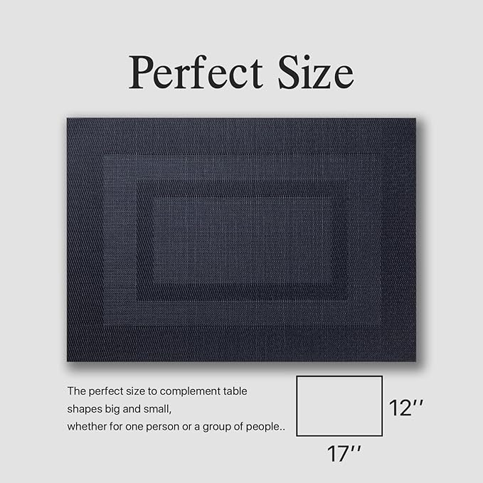 Placemats Set of 12 - Easy Clean Woven Vinyl Placemats for Dining Table, Indoor/Outdoor Place Mats, Washable PVC Table Mats（Black Cube）