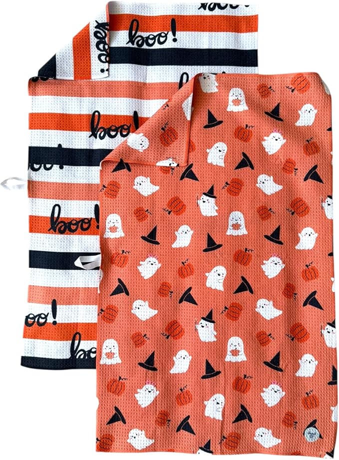 2 Pack || Double Sided|| Not Your Ordinary Kitchen Towels || Dish Towels || Quick Dry || Waffle Weave Microfiber || Designer Prints || Highly Absorbent || Hanging Hook (Halloween Boo)