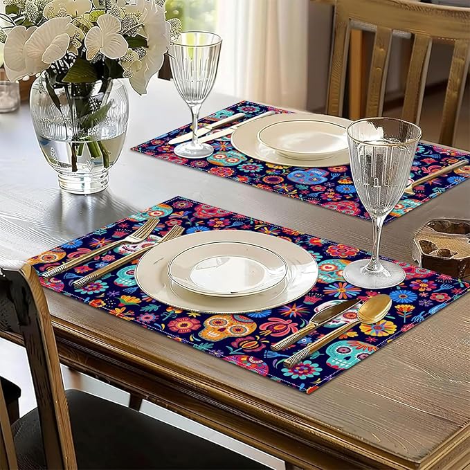 Sugar Skull Mexican Día de Los Muertos Placemats Set of 6, Halloween Washable Linen Place Mat Heat Resistant Non Slip Kitchen Dining Table Mats 12x18 Inch