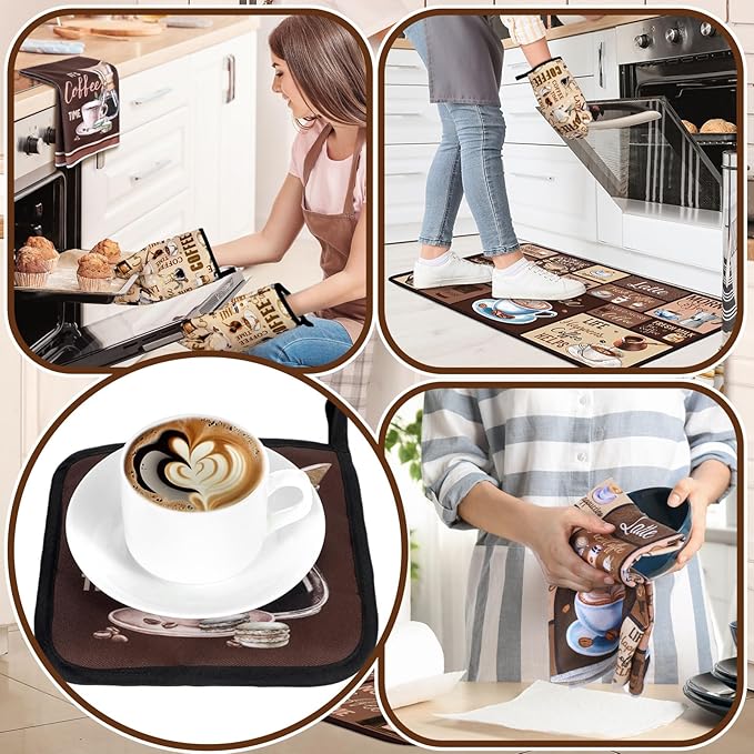 Fourluoo 10 Pcs Coffee Kitchen Decor and Accessories Coffee Oven Mitts and Pot Holders Set Dish Towels Farmhouse Kitchen Decor Vintage Brown Gloves for Chef Baking Cooking Grilling BBQ Women Gift
