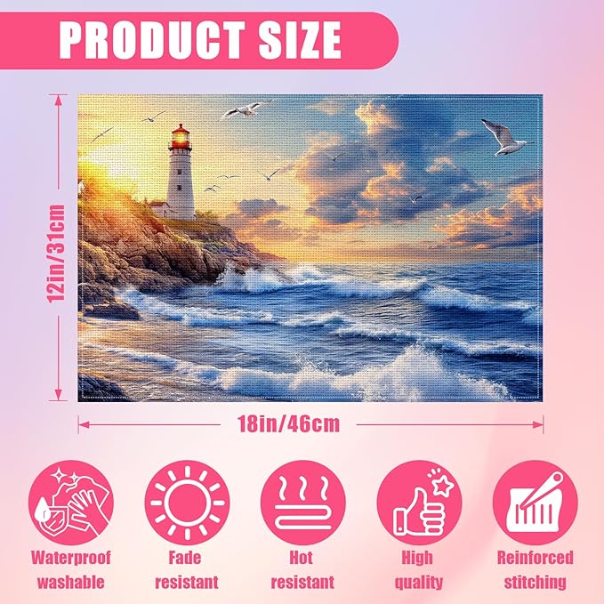 Lighthouse Placemats Set of 6,12x18 Inch Nautical Theme Linen Place Mat Washable Stain Resistant Table Mats for Spring Summer Seasonal Farmhouse Kitchen Party Home Decor