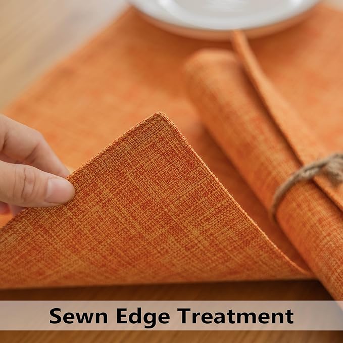 Demetex Orange Placemats Set of 8 Linen Textured Fabric Place Mats Rectangle Cloth Table Mats for Home Office Table Decor, 13x19 inch, Orange