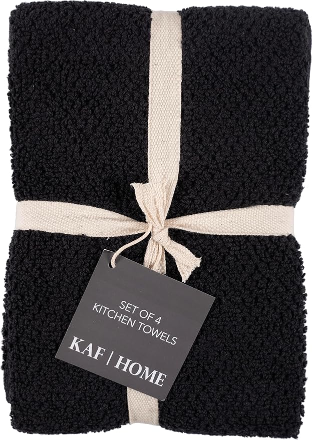 KAF Home Set of 4 Deluxe Popcorn Terry Kitchen Towels | 20 x 30 Inches | 100% Cotton Kitchen Dish Towels (Black)