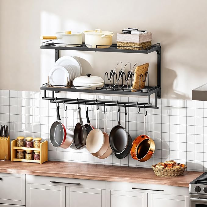 CHOEZON Pot Rack, Wall Mounted Pan Holder, 2-Tier Pot and Pan Organizer, Pot Hanger with 10 S-Shaped Hooks, Cookware Organizer with 5 Removable Metal Wire Dividers, Black TPR35BB