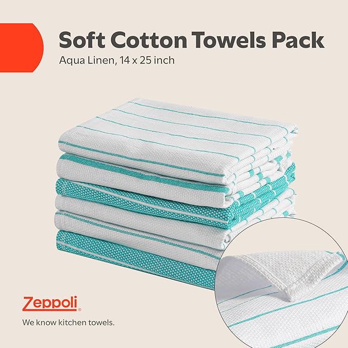 Zeppoli Classic Kitchen Towels - 6 Pack 100% Natural Cotton Towel Set, Reusable Wash Cloths, Absorbent Dish Towels, Machine Washable Hand Towels, Kitchen Essentials, 20" x 28" - Aqua Base