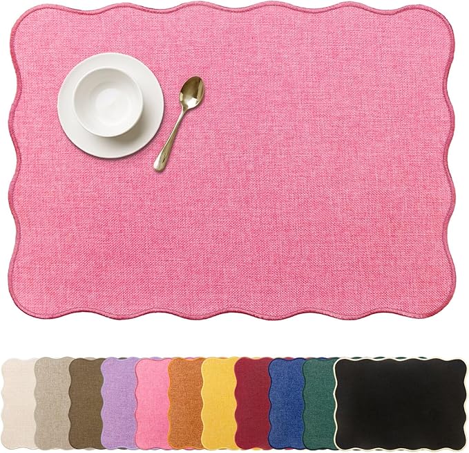 AHHFSMEI Faux Linen Placemats Set of 6 Heat Resistant Non-Slip Stain Proof Table Mats for Kitchen Dining Elegant Decor Place Mats (Pink)