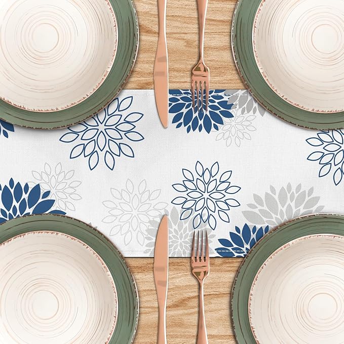 Dahlia Flower Table Runner 13x71 Inch Farmhouse Blue Gray Runners Modern Table Decorations Rustic Geometric Coffee Table Runner for Home Kitchen Dining Room Party (13"x71", Dahlia Floral-Blue)