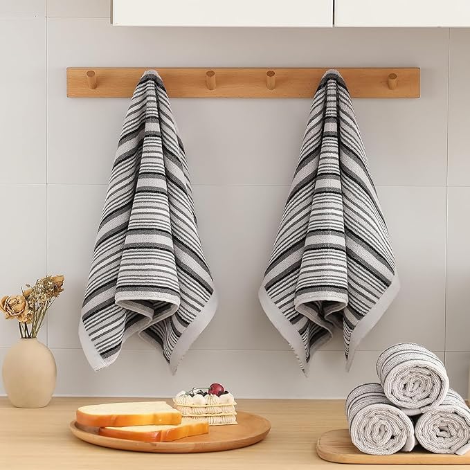 SALAS Kitchen Dish Towels for Drying Dishes, Large Cotton Kitchen Cloths Hand Towels, Stripped Terry Dish Cloths, Thick Highly Absorbent Towel Sets with Hanging Loop, 16" X 26"