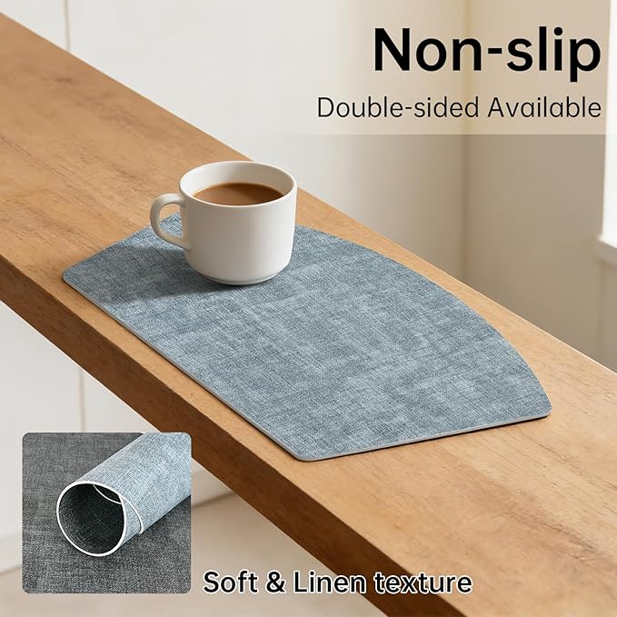 Round Table Placemats Set of 6, Dual-Sided Wedge Shape Faux Leather Table Mats, Washable Wipeable Heat Resistant Place Mats for Outdoor Indoor, Blue Gray