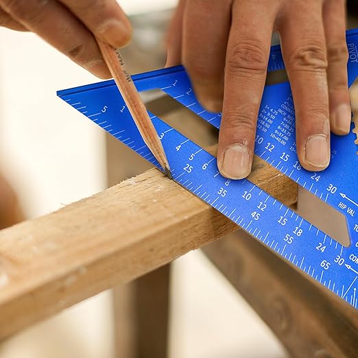 Beslands Aluminum 12 inch & 7 inch Rafter Square Carpenter Set Measuring Layout Tool Alloy Metal Triangle Ruler Protractor for Woodworking and Carpentry Imperial, Blue