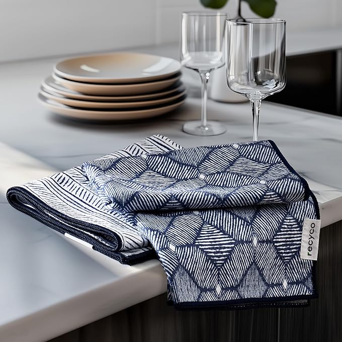 RECYCO Waffle Kitchen Towel Set of 2 - Quick Dry Microfiber Sustainable Dish Towels - Ultra Absorbent Reusable Cleaning Tea Towels - Lightweight Hand Towels,16”x 28”, Indigo Harmony