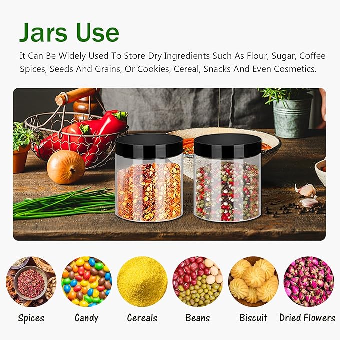 SLifeJars 8oz Plastic Jars with Lids 24 Pack Clear Plastic Slime Containers Stackable Round Empty Clear Jars with Black Lids Pen Labels Refillable Slime Jar for Kitchen Storage Spices Dry Food