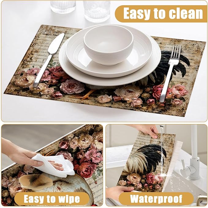 Vintage Rooster Floral Placemats Set of 6, Farmhouse Chicken Linen Place Mat Washable Stain Resistant Table Mats for Seasonal Kitchen Dining 12x18 Inch