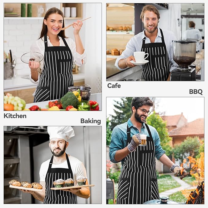 NLUS 2 Pack Cooking Aprons for Women with Pockets Adjustable Kitchen Bib Aprons for Women Men Chef, Black/White Stripe (Black/White Stripes)