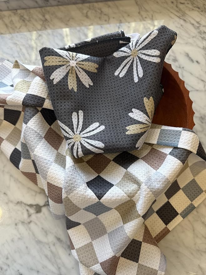 2 Pack || Double Sided|| Not Your Ordinary Kitchen Towels || Dish Towels || Quick Dry || Waffle Weave Microfiber || Designer Prints || Highly Absorbent || Hanging Hook (Multi-Checkered)