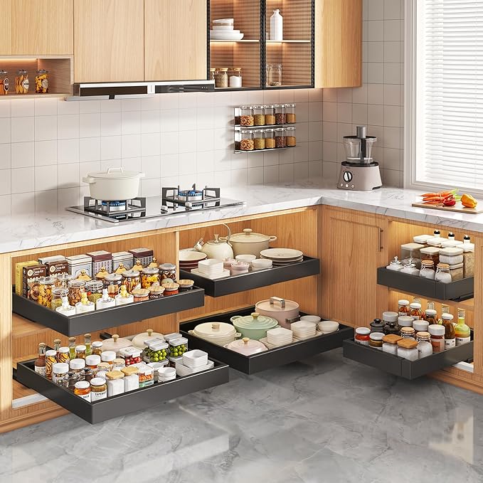 Seinloes 2 Pack Pull Out Cabinet Organizers 16.5" Deep With Raising Pad for Framed Cabinets,Expandable Slide Out Drawers Upgrade 3 Slide Rails,Roll Out Shelves,Adjustable Width 12.1"-20.45" Black