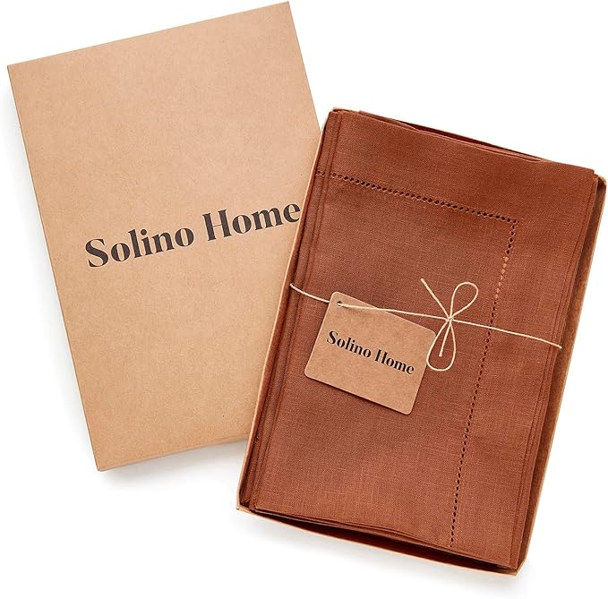 Solino Home Linen Napkins Set of 4 - Classic Hemstitch 100% Pure Linen Cinnamon Dinner Napkins Cloth 20 x 20 Inch for Mothers Day - Handcrafted and Machine Washable
