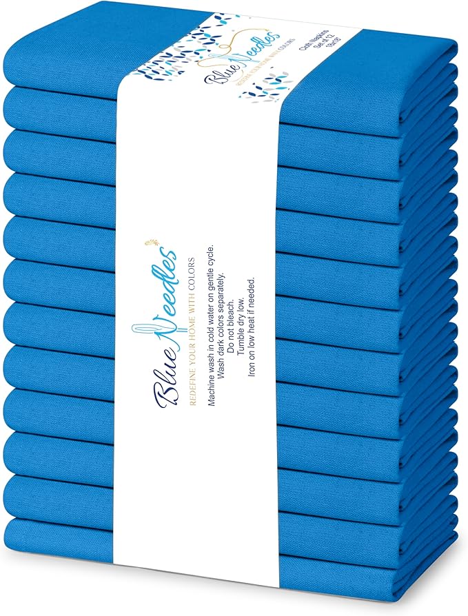 Blue Needles Solid Cloth Napkins Set of 12 Royal Blue 100% Cotton Dinner Napkins 18x18 inches - Soft, Reusable, Absorbent & Washable Linen, Ideal for Spring Summer Easter Events Parties & Everyday Use