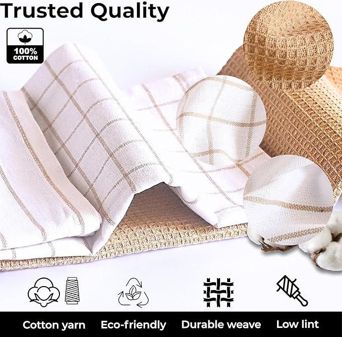 Cotton Dish Towels For Kitchen Drying - Highly Absorbent Wide Beige Striped Plaid Tea Towels - 18"X28" Set Of 6 Farmhouse Linen Dishtowels In Bulk - Pano De Prato Para Cozinha - T Towles Towls