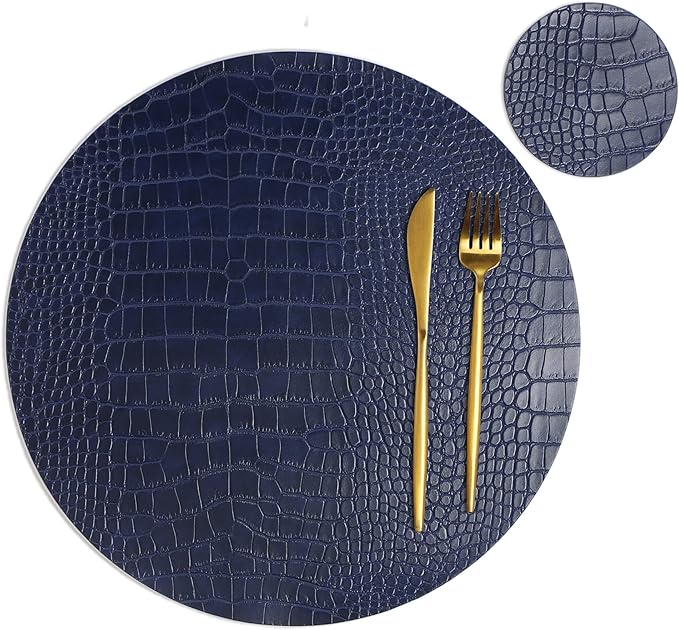 Round Leather Placemats for Round Tables Set of 8, Blue Table Place Mats and Coasters, Washable Easy to Care for Indoor Decor 13" Diameter